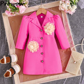 A bright pink long-sleeve blazer dress for girls featuring a turn-down collar and 3D flower accents.