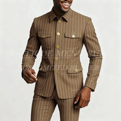 Elegant Pinstripe Men's Suits Fashion Single Breasted Stand Lapel Slim Fit Male Clothing Customzied 2 Piece Jacket Pants Sets