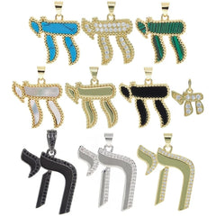A collection of various Hebrew Chai symbol pendants in different colors and stone settings.