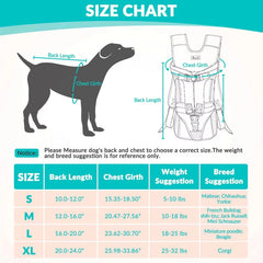 A size chart for a dog carrier backpack showing measurement instructions and a sizing table.
