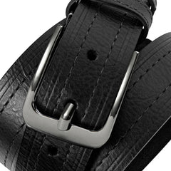 A black textured cowhide leather belt featuring a polished silver metal pin buckle.