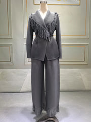 Miyake Folds Fall/Winter 2024 New Fringe Suit Lapel Lace-up Coat With Straight Skirt Two-piece Set SHOWLU FASHION STORE