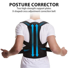 A person wears a black back posture corrector brace with two vertical support plates.