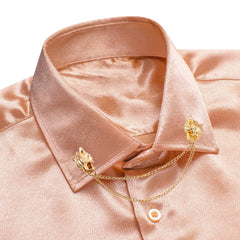 Hi-Tie Long Sleeve Mens Shirts Silk Brown Solid Lapel Green Black Red Beige Purple Pink Slim Fit Shirt Wedding Business Formal