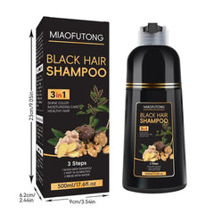 A bottle of Miaofutong black hair shampoo next to its rectangular product box.