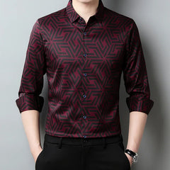 New Men's Casual Printed Long Sleeved Lapel Shirt for Spring and Autumn Fashion Comfortable Wrinkle Free Top Without Ironing