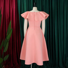 A peach-colored A-line midi dress with ruffled sleeves shown from the back on a mannequin.