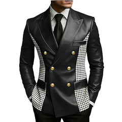 Men’s Brown Leather Blazer With Houndstooth Sides Vintage Two-Tone Double Breasted Slim Fit Gold Buttons Leather Tuxedo Jacket