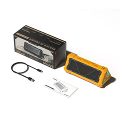 A yellow MLOVE P3 outdoor Bluetooth speaker with its box, charging cable, and user manual.