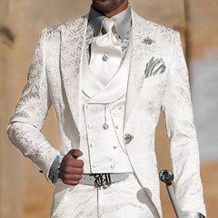 Jacquard men's 3-piece suit by Showlu Fashion, formal tuxedo with jacket, vest, and pants, slim fit for wedding or party occasions.