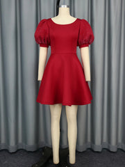 Luxury A Line Dress for Women O Neck Short Lantern Sleeves with Rhinestone Solid Elegant Classy Evening Party Celebrate Prom New