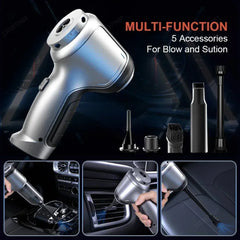A silver handheld cordless vacuum cleaner with five interchangeable nozzles for cleaning cars.