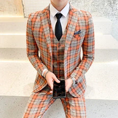 ( Jackets + Vest + Pants ) New Fashion Boutique Plaid Mens Casual Business Suit Groom Wedding Dress Suit 3pces Set Male Blazer