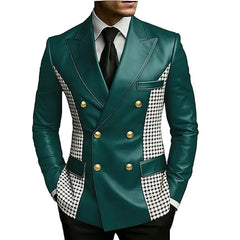 Men’s Brown Leather Blazer With Houndstooth Sides Vintage Two-Tone Double Breasted Slim Fit Gold Buttons Leather Tuxedo Jacket