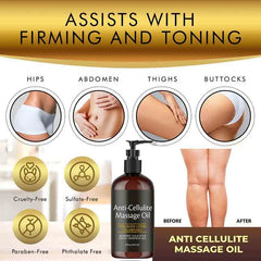 A bottle of anti-cellulite massage oil with icons indicating it is cruelty and chemical free.