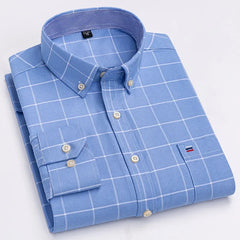 Men's 100% Cotton Smart Casual Shirt Long Sleeve Plaid Oxford Casual Solid Color Print Regular Fit Dress Shirt Oversized 6XL