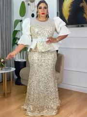 Elegant African Dresses for Women Luxury Sequin Evening Gown Plus Size Turkey Wedding Party Dress 2025 New Ladies Clothing