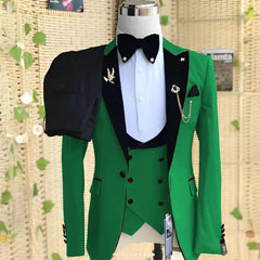 Beige Formal Men Suit 3 Pieces Tuxedos Peaked Lapel Groomsmen Wedding Suits Set Fashion Male Party Business Blazer Pants Vest