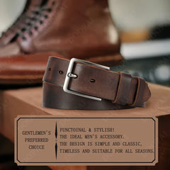 A brown leather men's casual belt with a silver metal needle buckle.