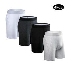 A set of four men's long-leg cotton boxer shorts in white, dark gray, black, and light gray.