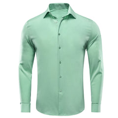 Hi-Tie Plain Solid Silk Men's Shirts Long Sleeve Lapel Dress Suit Shirt Blouse Wedding Business Blue Mint Pink Purple Green Gray