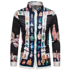 A men's long-sleeved button-down shirt featuring a colorful digital print of vintage perfume bottles.