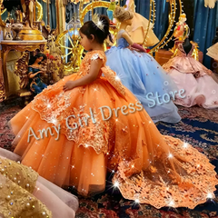 Customized Champagne Flower Girl Dresses For Wedding Appliques With Bow Elegant Princess Birthday Party First Communion Gown