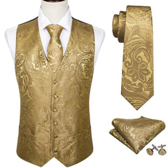 Men's Luxury Golden Floral Paisley V-Collar Vest Waistcoat With Hankerchief Cufflinks Fit Wedding Party Gift Daily