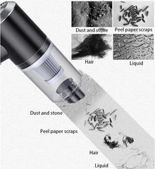 A portable cordless car vacuum cleaner shown with examples of debris it can clean.