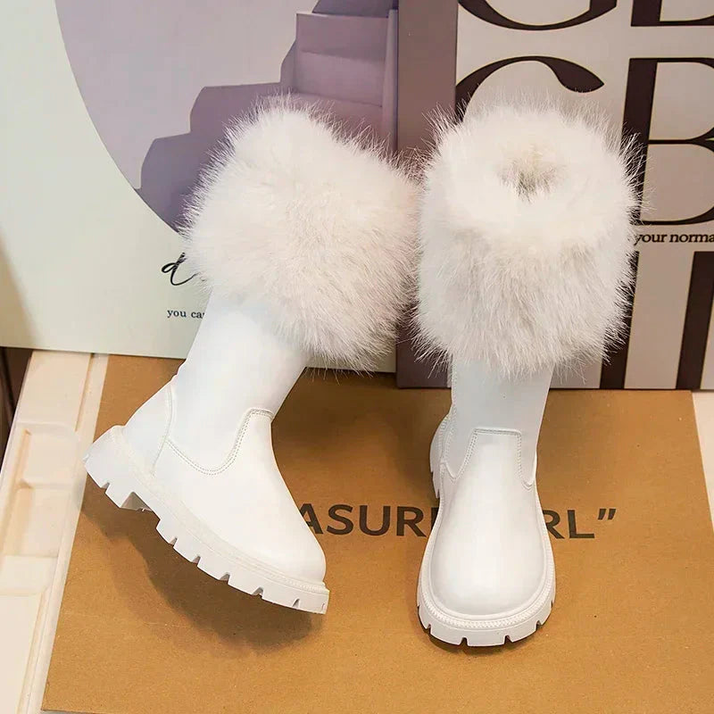 Girls High Boots Thick Warm Plush Fur Beige Black Side Zipper Fashion Children Leather Long Boots Kids Winter Boots 2024 New SHOWLU FASHION STORE