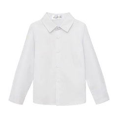 A long-sleeved white button-down dress shirt for children with a classic collar.