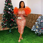 Birthday Dress For Women Party Evening Dress Mesh Sleeves Patchwork Print Wrap Hip Fashion Summer Dresses 2024 MIDI Prom Dress