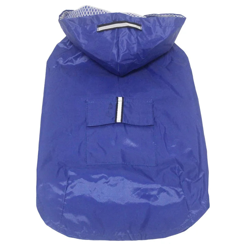 A blue waterproof dog raincoat with a hood and a reflective stripe on the back pocket.