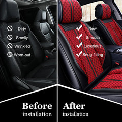 A split image showing a car seat before and after installing red patterned leather seat covers.