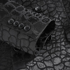 A black double-breasted suit jacket featuring a textured, patterned fabric and buttoned cuffs.