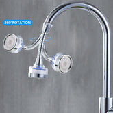 A flexible chrome faucet aerator extender with a 360-degree rotating head for kitchen sinks.