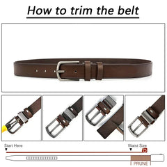 A brown leather belt with a metal pin buckle and a diagram showing how to trim it to size.