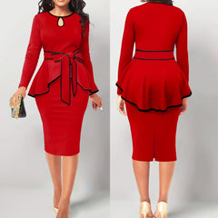 A red long-sleeved peplum dress with black trim, a keyhole neckline, and a tie-waist belt.