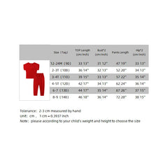 A size chart for a two-piece girls cotton t-shirt and pants set with measurements in cm and inches.