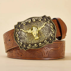 A brown western-style PU leather belt featuring an embossed longhorn buckle and strap.