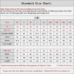 A size chart table for men's suits listing measurements in centimeters for jackets and pants.