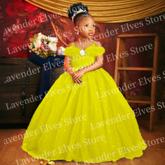 Princess Royal Blue Flower Girl Dresses For Wedding Customized Beaded Tulle Toddler Girls Pageant Dress Kids Formal Wear