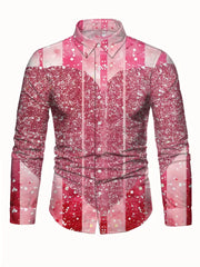 A men's long-sleeved button-up shirt featuring a pink striped pattern with a large heart design.