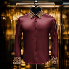 Men's luxury long sleeved shirt silk long sleeved white brown solid color Paisley slim fit shirt casual lapel top
