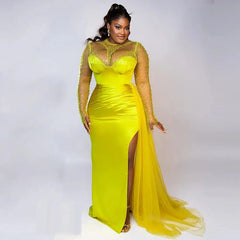 Aso Ebi Plus Size Evening Dresses High Neck Beads Sequin Illusion Long Sleeves Slit Long Sleeves Party Gown Mermaid Prom Dress SHOWLU FASHION STORE