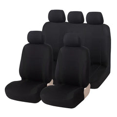 A full set of black universal car seat covers including two front seats and a rear bench.