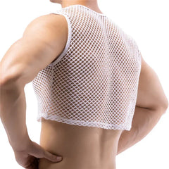 Mens Transparent Fishnet Crop Top Sexy Mesh Hollow Out Tank Tops Gym Fitness Sleeveless Undershirts T-shirts Nightclub Mini Vest