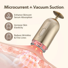A gold electric facial massager with a suction head and red light therapy.