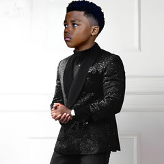 Sequin boys suit 2-piece set with double-breasted blazer and matching pants, stylish kids tuxedo outfit for special occasions.