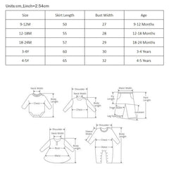 A size chart table for girls' dresses showing skirt length and bust width measurements in centimeters.